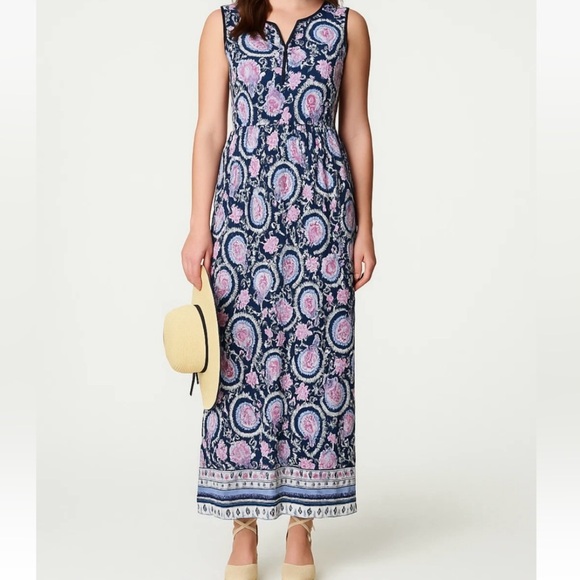 Talbots Dresses & Skirts - Talbots Maxi Dress Blue Pink Paisley Floral Sleeveless Empire Waist Splitneck 18
